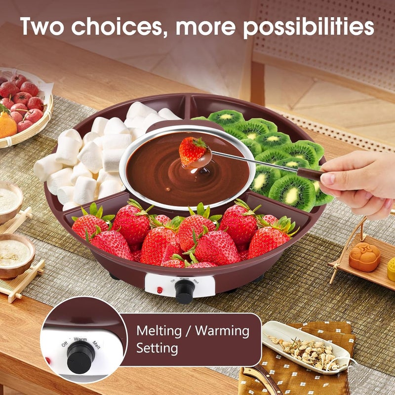 VAlinks Electric Chocolate Melting Pot Chocolate Fondue Pot Set 3-Section Serving Trays with 6pcs Dipping Forks Perfect for Housewarming Christmas Party Gifts (Brown) - Image 5